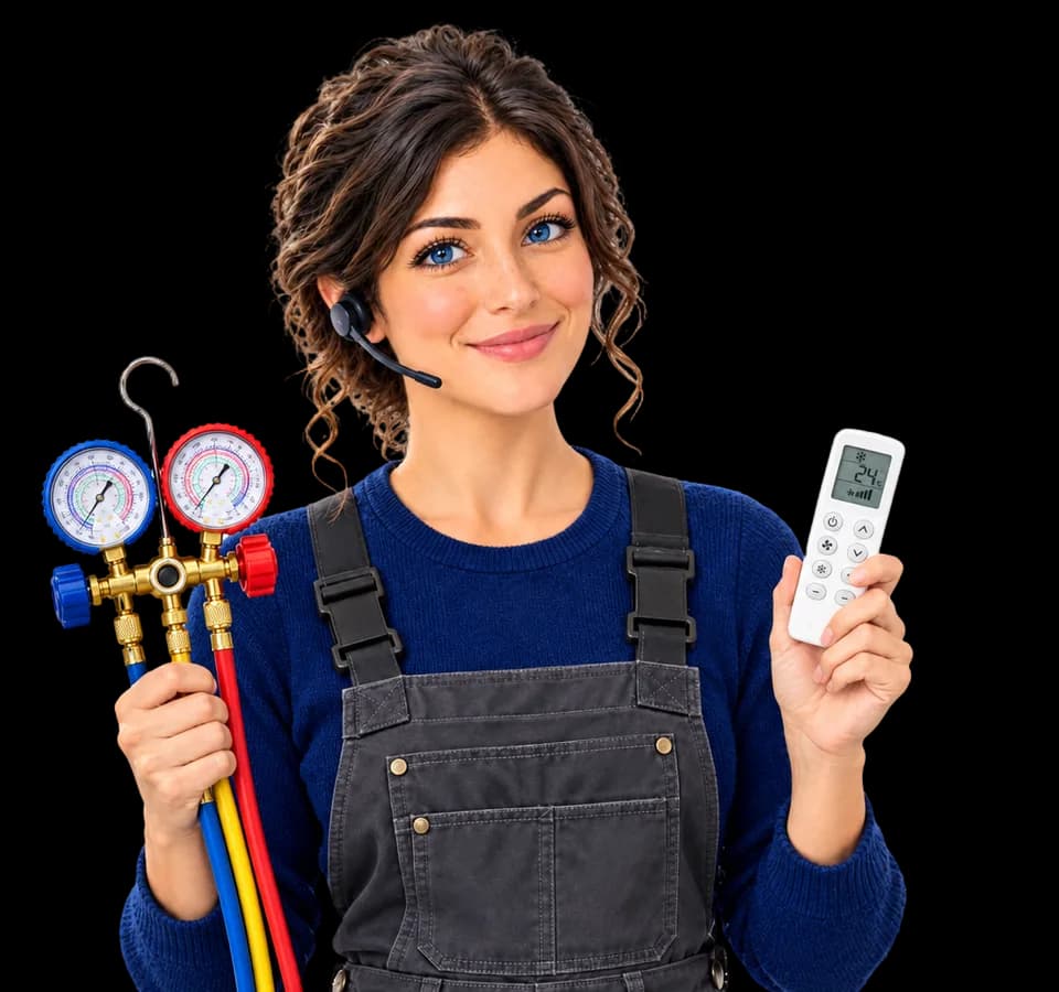 Idra, l'assistente telefonica, vestita da tecnica del clima con il gruppo manometrico e il telecomando del condizionatore